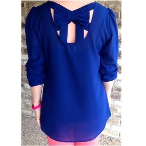 Charming Charlie Sheer Navy Blouse with Back‎ Bow Accent Size Small.